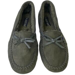 Ashley Blue Moccasin Slipper Olive Green Bow Tie Hard Flexible Bottoms Size 10